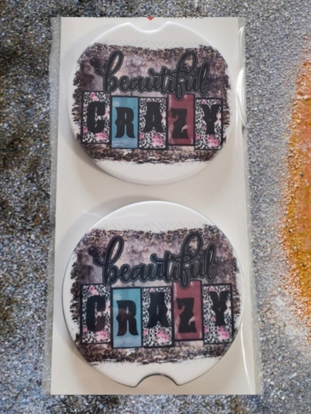 beautiful CRAZY Set Of 2 Ceramic Car Coasters
